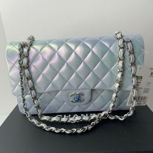 CHANEL 21K MEDIUM IRIDESCENT ICY BLUE DOUBLE FLAP BAG